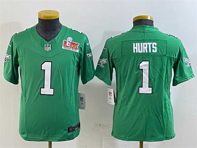 Youth Philadelphia Eagles #1 Jalen Hurts Green 2025 Super Bowl LIX Patch F.U.S.E. Throwback Vapor Untouchable Limited Stitched Jersey